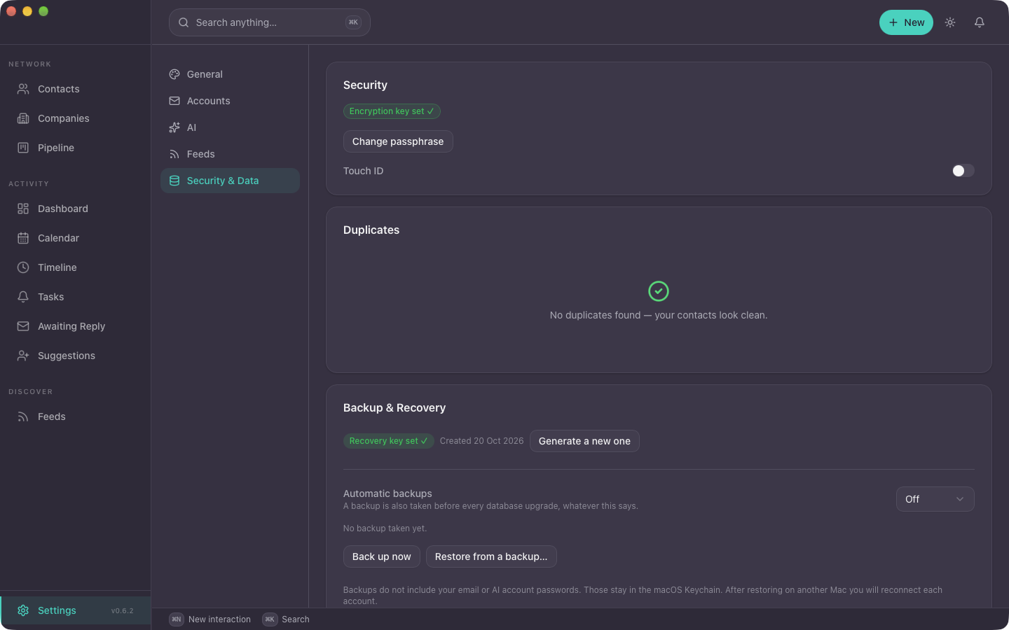 Settings, Security and Data: the recovery key status, automatic backups, Back up now and Restore from a backup