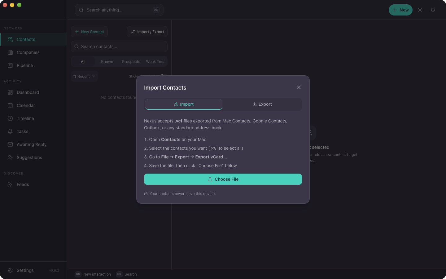 Import Contacts: the steps to export a vCard file from Contacts on your Mac, and a Choose File button