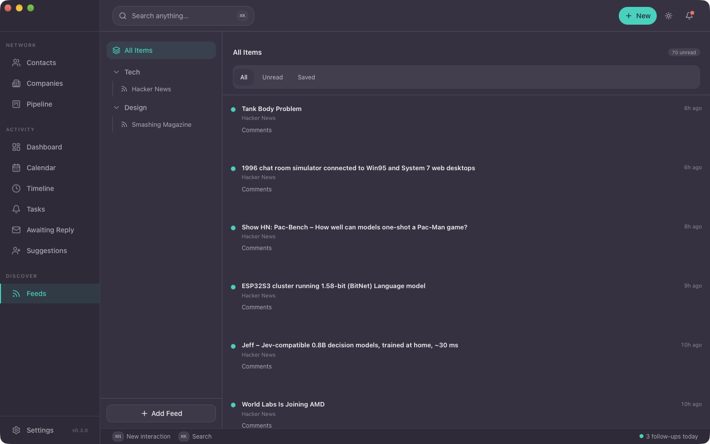 The feed reader with Hacker News and a design blog, grouped by folder, with unread and saved filters