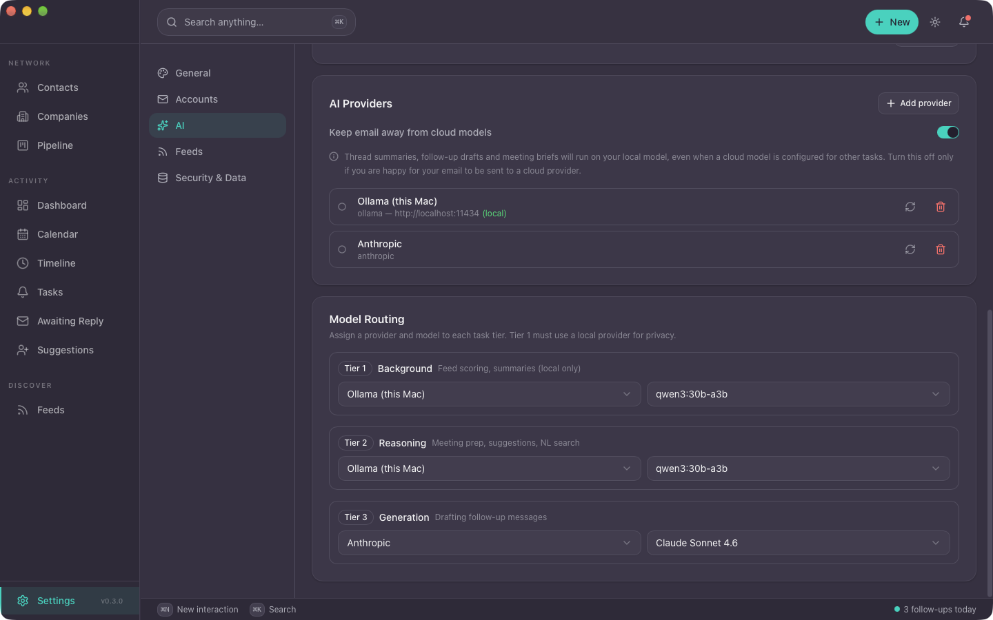 AI settings: a local Ollama model for background and reasoning tasks, and a switch that keeps email away from cloud models