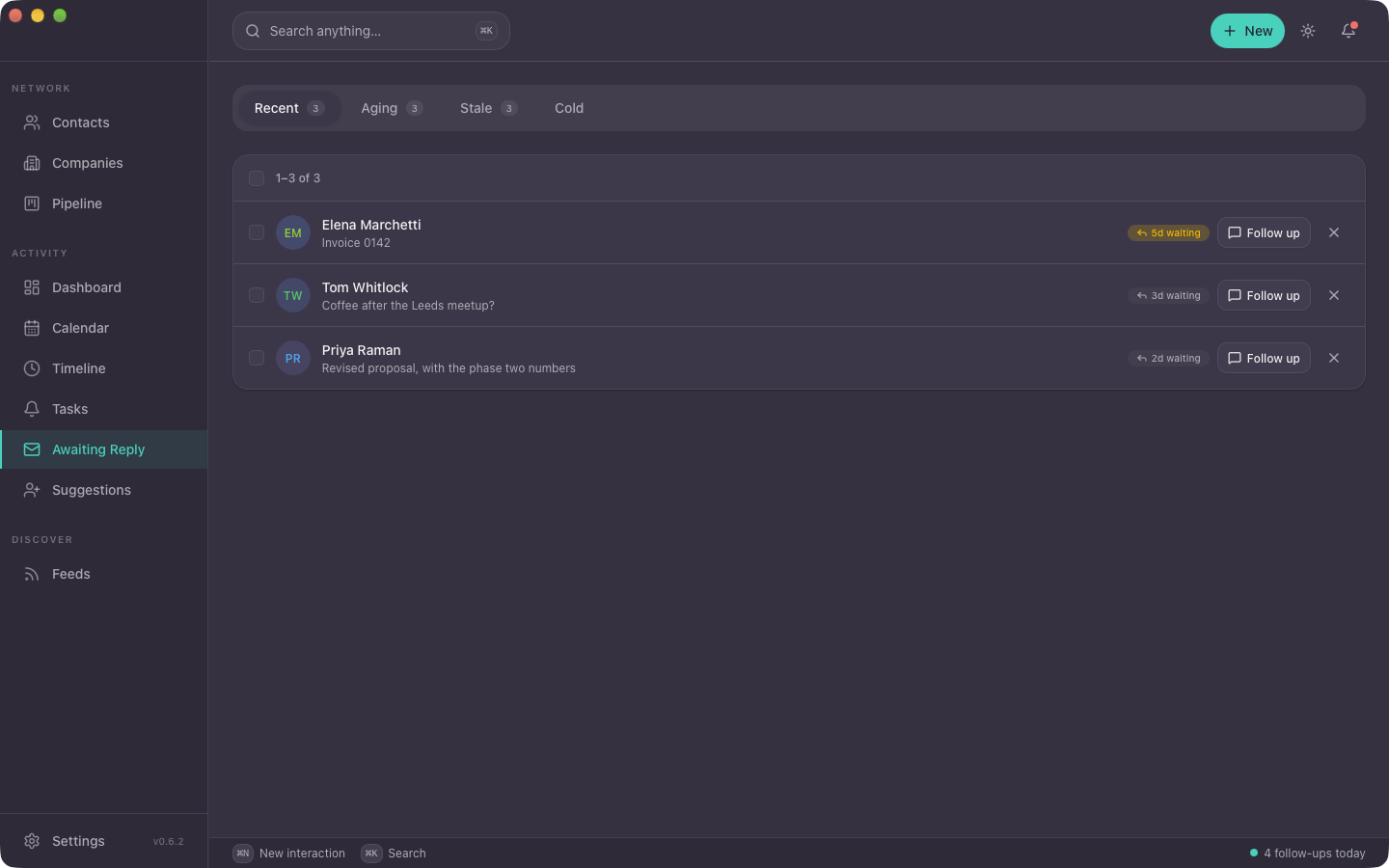 The Awaiting Reply list in NexxusCRM, showing threads waiting on a reply, grouped by how long they have waited